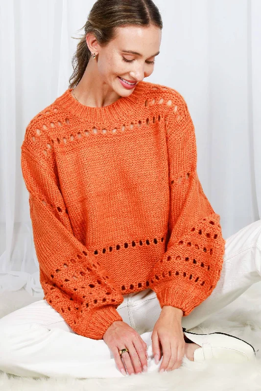 Balloon Sleeve Open-Knit Crochet Sweater: Orange Sweater Knitwear Pullover