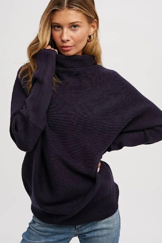 Slouch Neck Dolman Sweater: Navy Herringbone Houndstooth Plaid