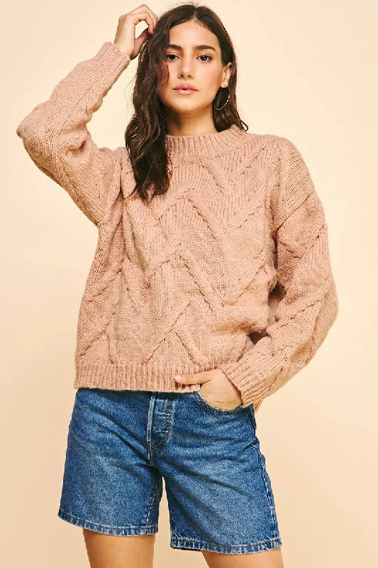 Camel V-Pattern Sweater Cable Knit Ribbed Knit Lace Knit