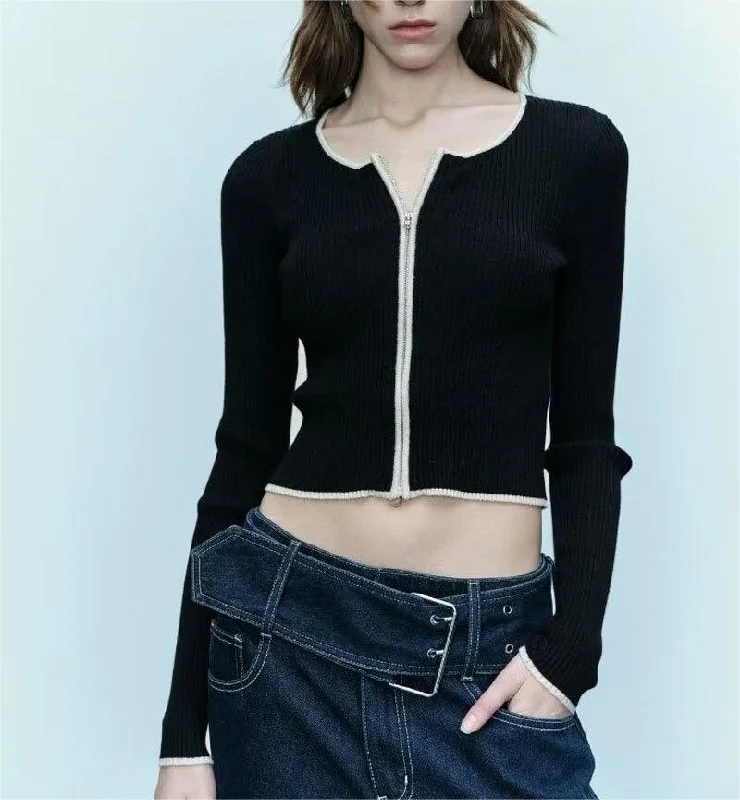 FZ Women's  Slim Fit Patchwork Zipper Sweater Top Notch Collar Peter Pan Collar Cowl Neck