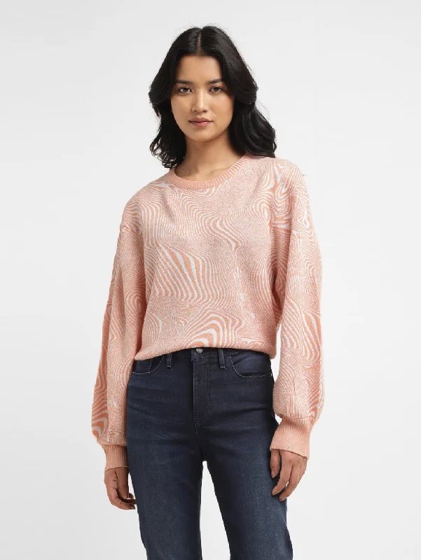 Women's Abstract Print Peach Crew Neck Sweater Print Jacquard Patchwork
