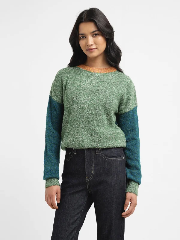 Women's Colorblock Green Crew Neck Sweater Mesh Fabric Canvas Fabric Denim Fabric