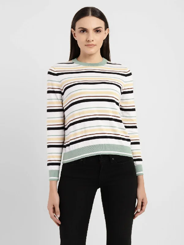 Women's Striped Round Neck Sweater Wool Fabric Cashmere Fabric Tweed Fabric