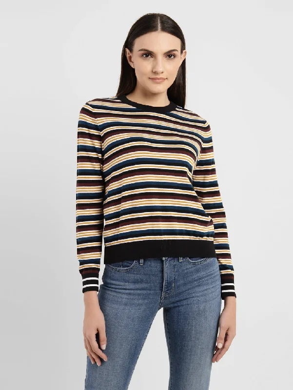 Women's Striped Crew Neck Sweater Fitted Loose Oversized