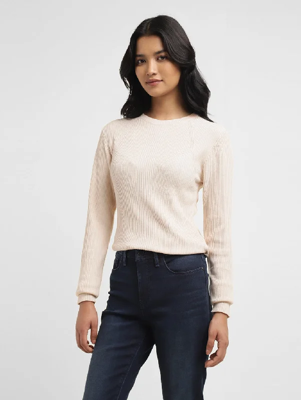 Women's Self Design Beige Crew Neck Sweater Chenille Blend Fleece Blend Nylon Blend