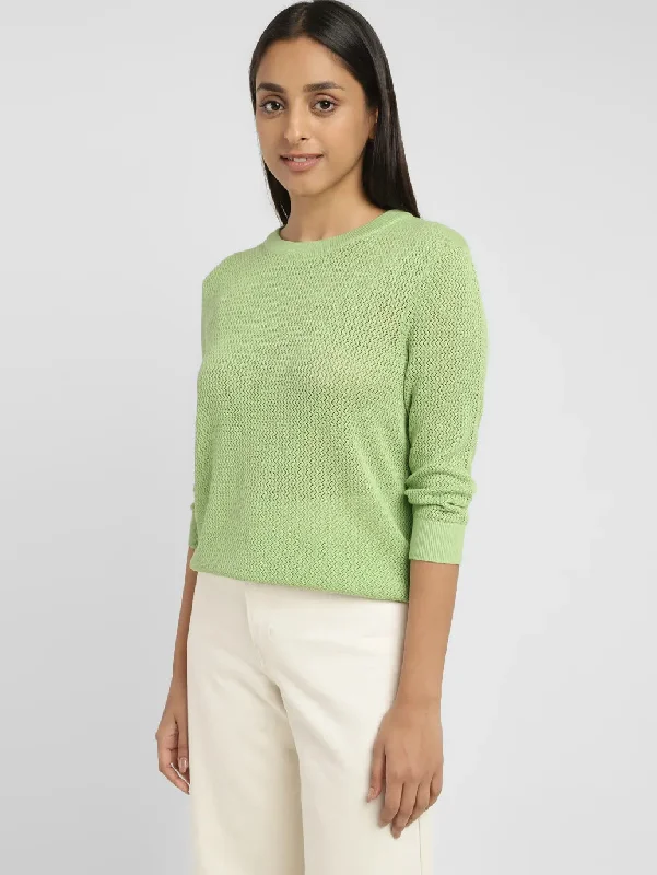 Women's Self Design Green Crew Neck Sweater Handmade Hand-knitted Hand-woven
