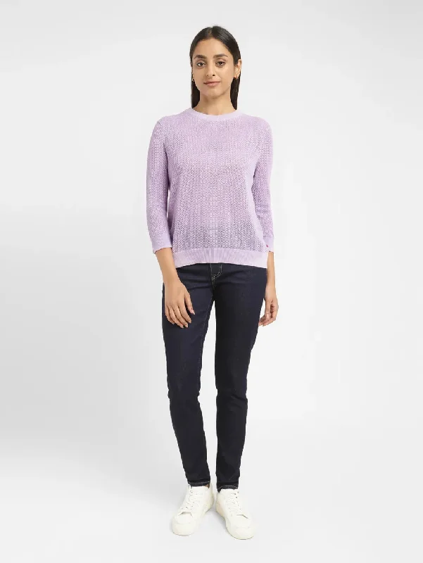 Women's Self Design Lilac Crew Neck Sweater Jersey Fabric Tulle Fabric Batik Fabric