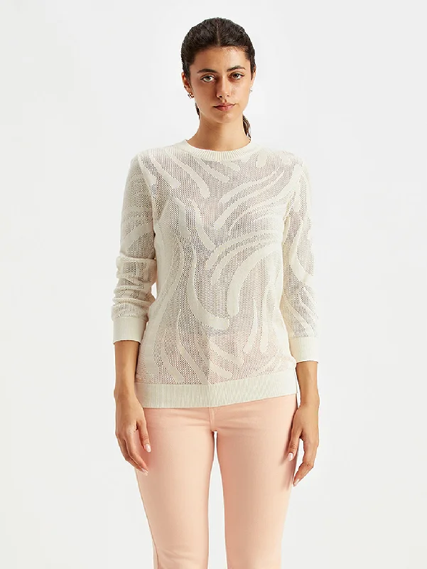 Women's Self Design Off-White Crew Neck Sweater Chenille Brocade Lace