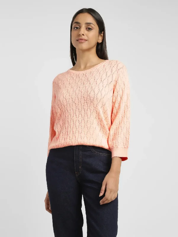 Women's Self Design Peach Crew Neck Sweater Mesh Fabric Canvas Fabric Denim Fabric