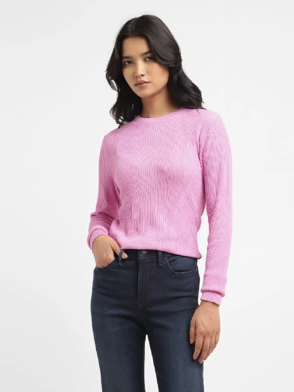 Women's Self Design Pink Crew Neck Sweater Fleece Fabric Down Fabric Feather Fabric