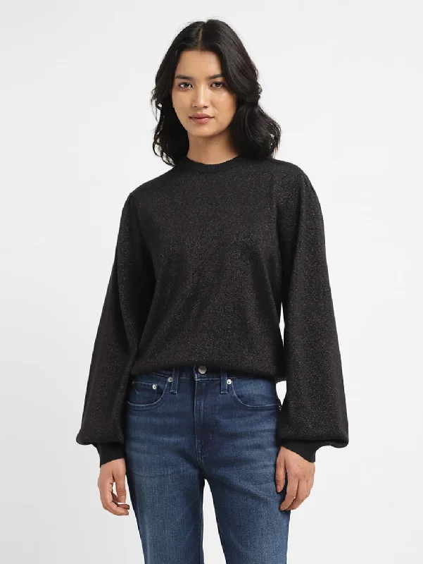 Women's Solid Black Crew Neck Sweater Tailored Straight A-Line
