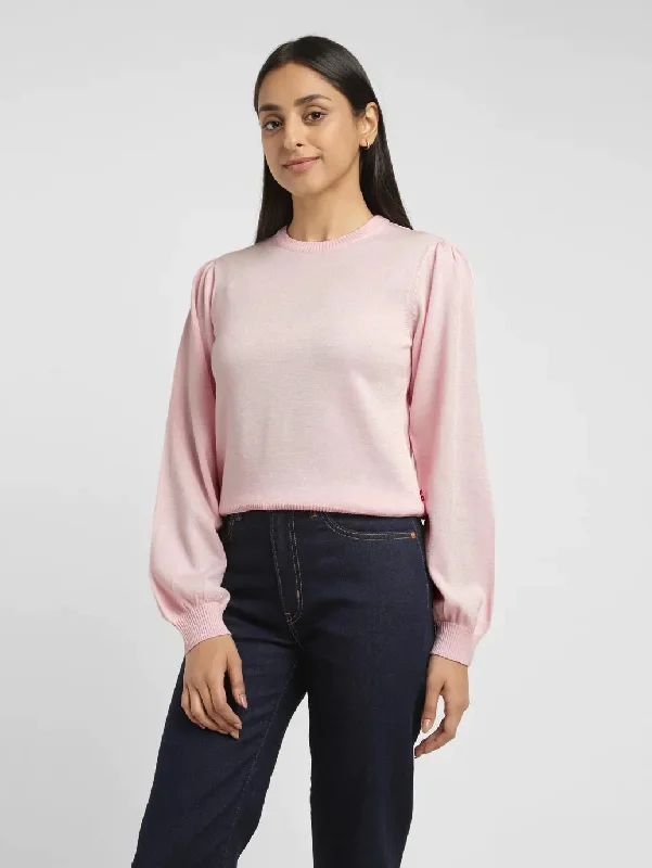 Women's Solid Pink Crew Neck Sweater Long Sweater Short Sweater Cropped Sweater