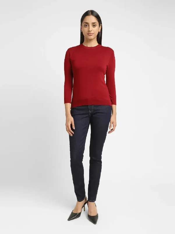Women's Solid Red Crew Neck Sweater Soft Cozy Warm