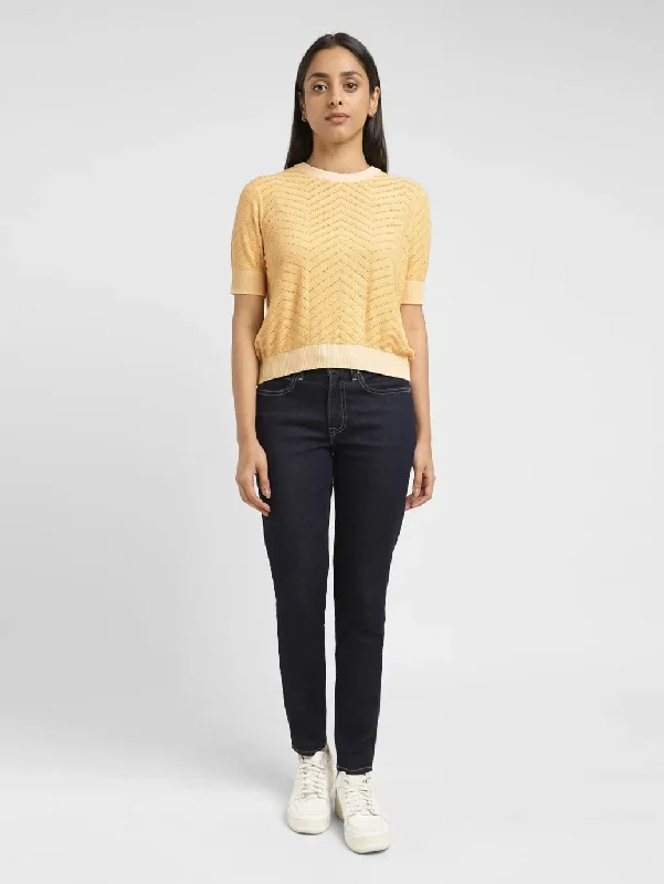 Women's Solid Yellow Crew Neck Sweater Cable Knit Ribbed Knit Lace Knit