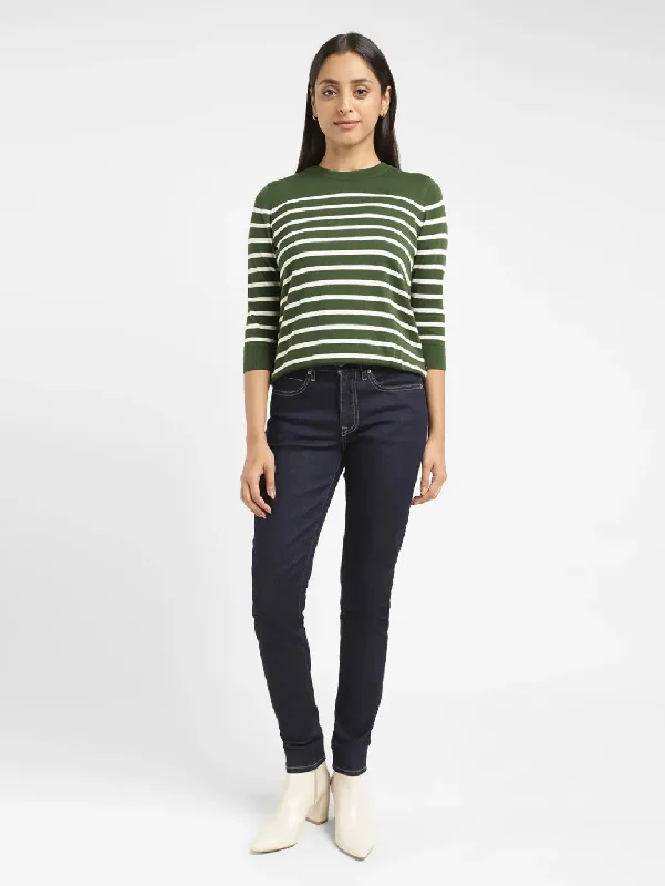 Women's Striped Green Crew Neck Sweater Solid Print Embellished