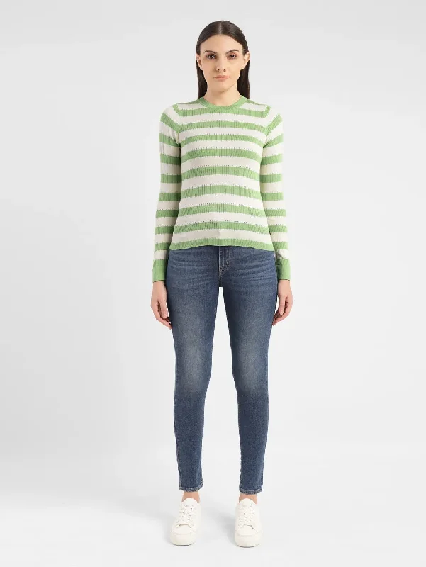 Women's Striped Green Crew Neck Sweater Notch Collar Peter Pan Collar Cowl Neck