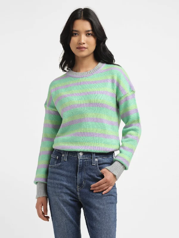 Women's Striped Multicolor Crew Neck Sweater Zippered Front Buttoned Front Snap Front