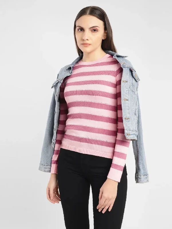 Women's Striped Pink Crew Neck Sweater Oversized Loose Flowy