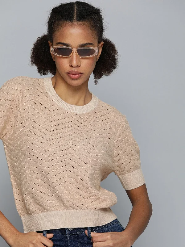 Women's Beige Sweater Houndstooth Herringbone Solid