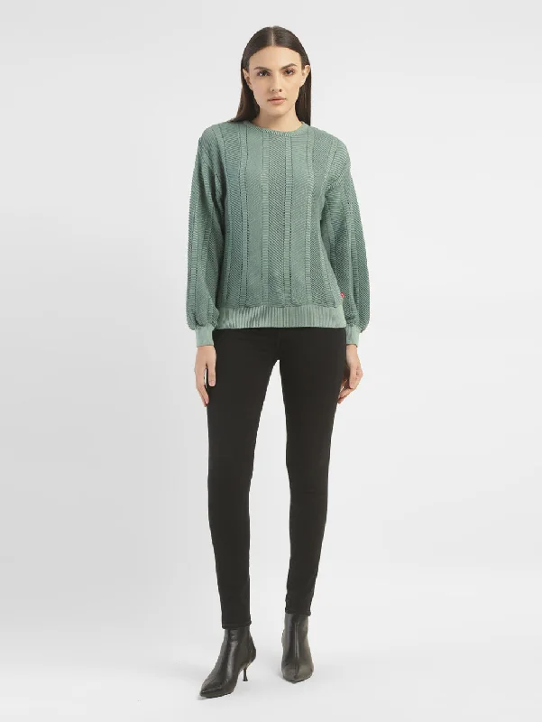 Women's Textured Green Crew Neck Sweater Solid Color Striped Floral Print