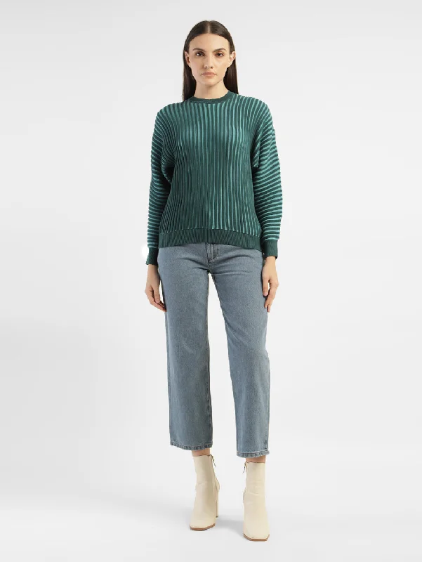Women's Textured Green Crew Neck Sweater Chenille Blend Fleece Blend Nylon Blend