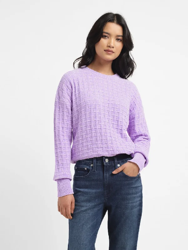 Women's Textured Purple Crew Neck Sweater Faux Fur Fabric Real Fur Fabric Shearling Fabric