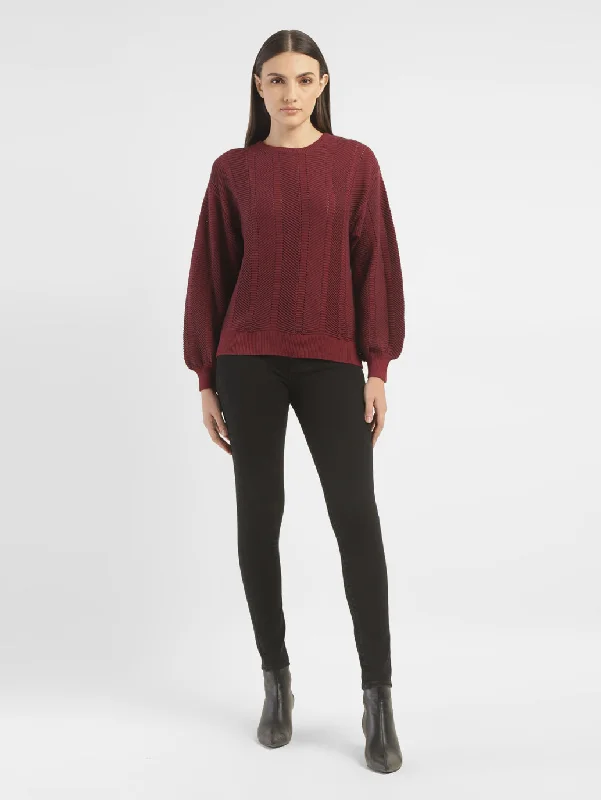 Women's Textured Maroon Crew Neck Sweater Casual Formal Business