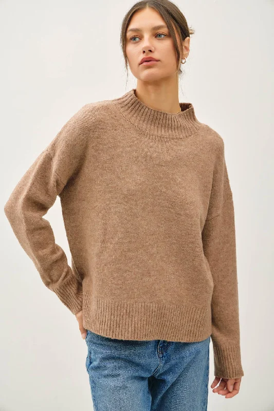 Mock Neck Wool Blend Sweater: Mocha Striped Floral Plaid