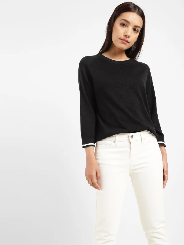 Women's solid round neck sweater Mesh Sweater Canvas Denim