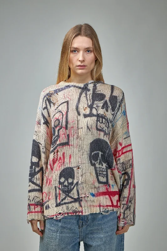 Printed Oversized Sweater Skull Graffiti Print Mesh Sweater Canvas Denim