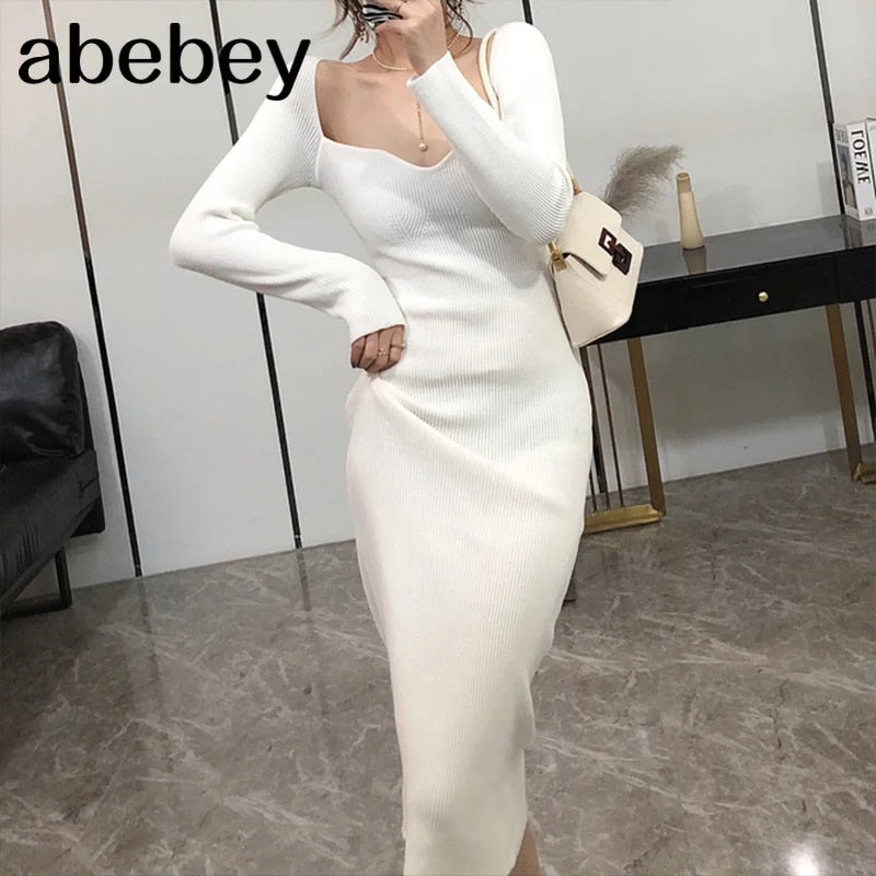 2022 Dresses For Women Sexy Strapless Ribbed Knitted Bodycon Dress Women Winter Long Sleeve Midi Sweater Dress Clothes