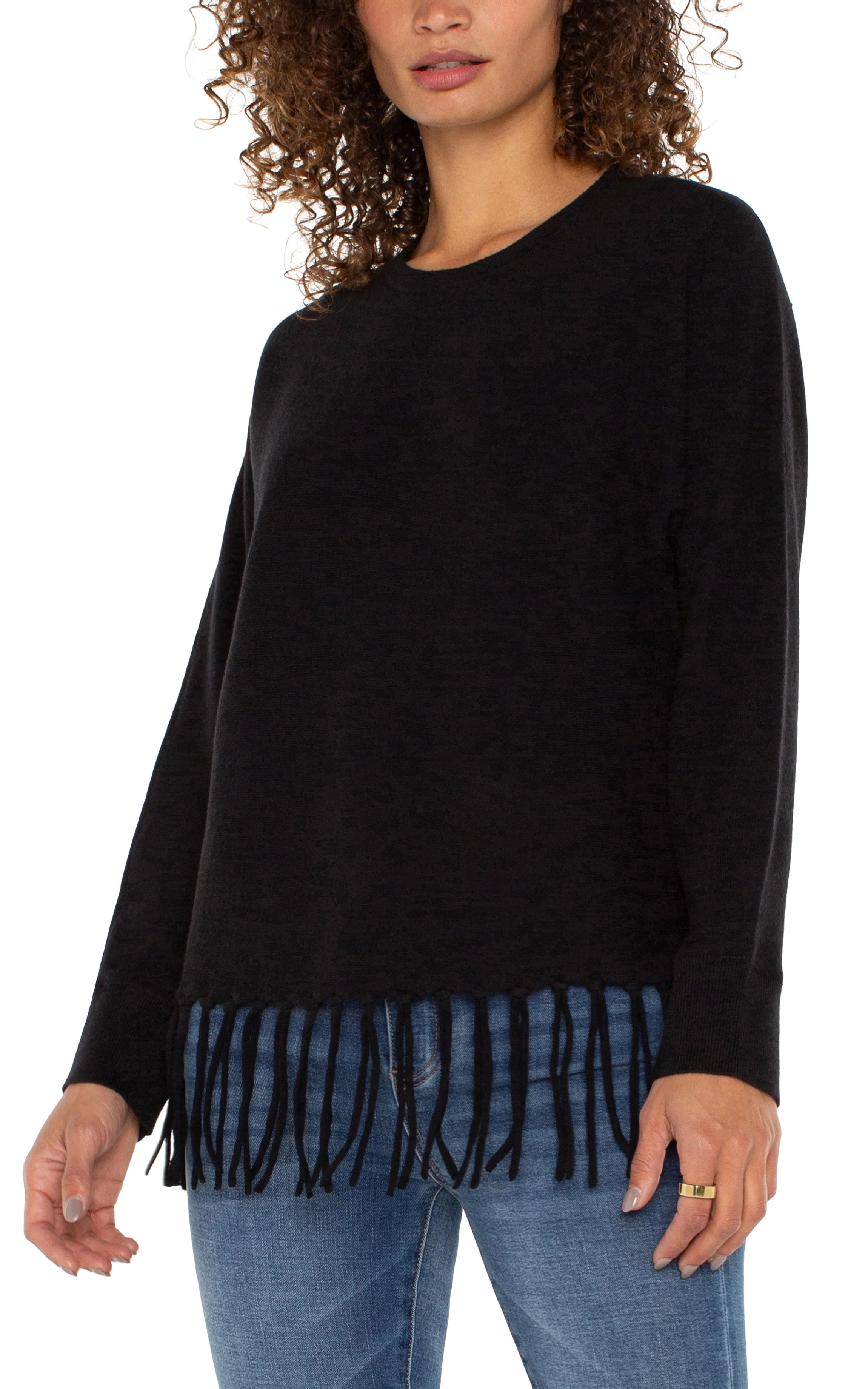 Liverpool Long Sleeve Seamless Dolman Sweater with Fringe Black