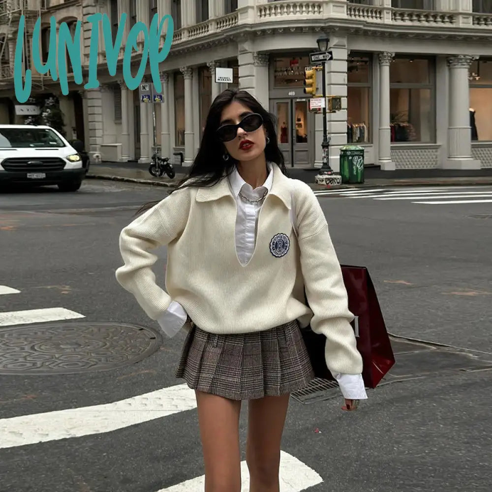 Lunivop outfit inspo Style 2024 Autumn New Women's Solid Color Loose Long-Sleeved Sweater Fashion High Waist Pleated Skirt