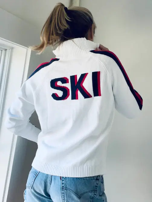 SKI 1/2 Zip 100% Cotton Sweater in White