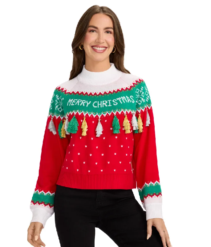 Women's Merry Christmas Tassel Turtleneck Cropped Sweater