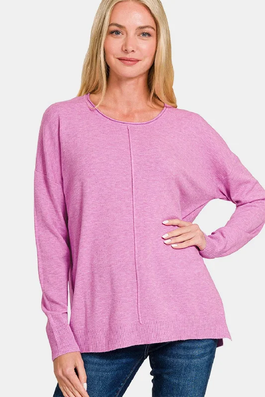 Zenana Front Seam Round Neck Mauve Sweater