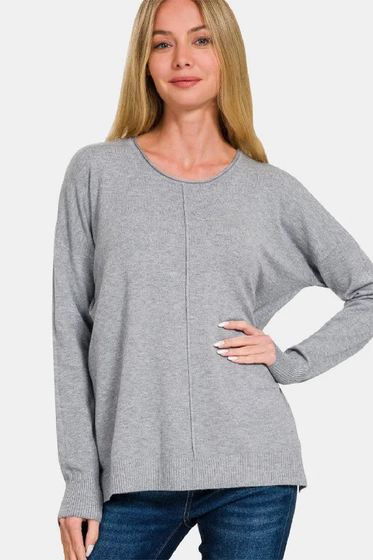 Zenana Front Seam Round Neck Sweater In Gray