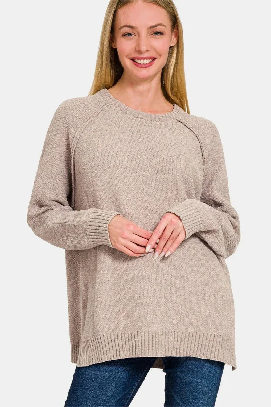 Zenana Side Slit Raglan Sleeve Sweater In Mocha