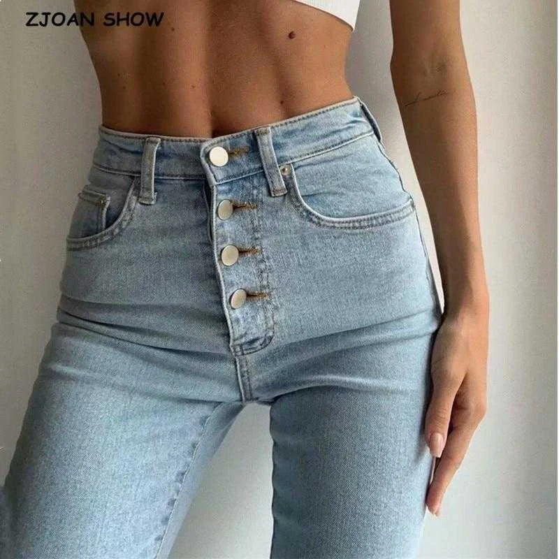Vintage Women Skinny Four Buttons High Waist Pencil Denim Jeans Comfortable Stretch Denim Jeans
