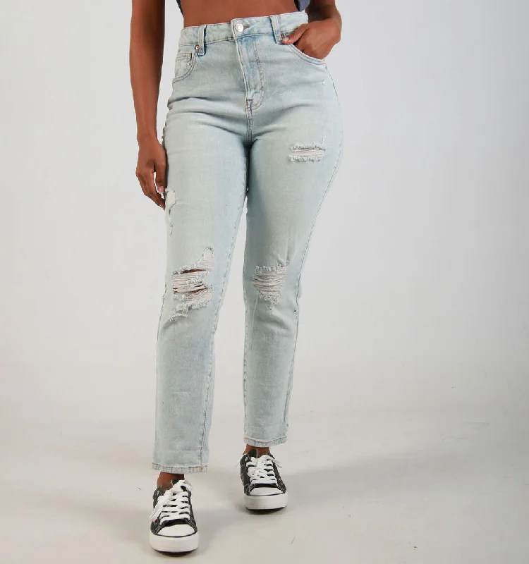 ACID WASH DENIM JEANS WITH RIPS – LIGHT BLUE Trendy Low-Rise Slim Jeans