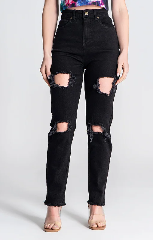 Black Ripped Jeans Trendy Cut-Off Denim Shorts