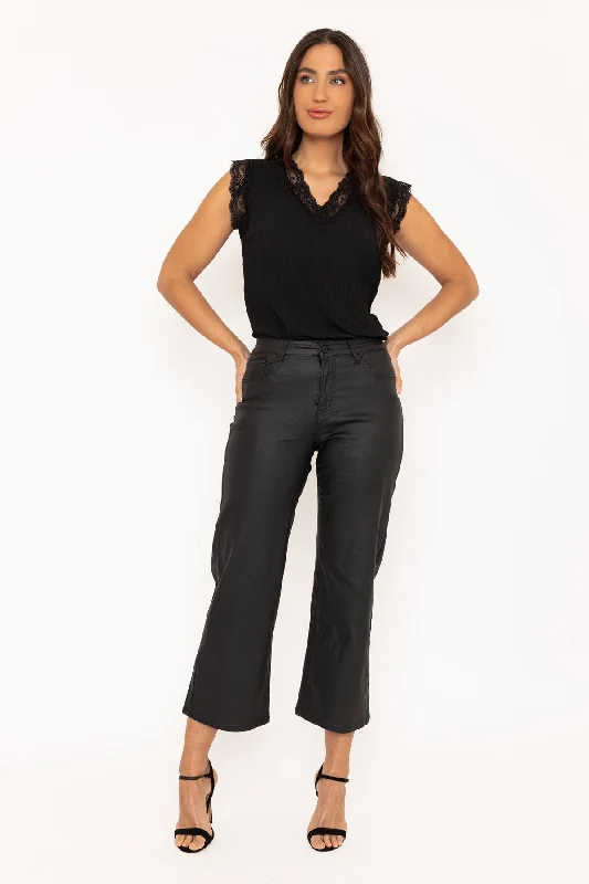 Black Wide Leg Faux Leather Jeans Cozy Relaxed Fit Denim Jeans