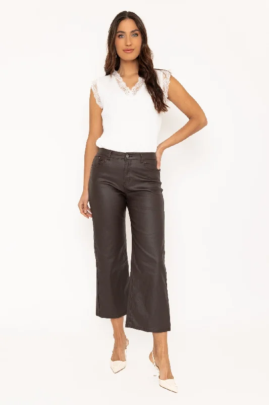 Brown Wide Leg Faux Leather Jeans Fashionable White Denim Jeans