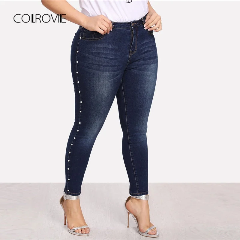 COLROVIE Plus Size Blue Pearls Beads Casual Denim Jeans Woman Autumn Vintage Pocket Skinny Women Jeans Femme Stretchy Pants Elegant Raw Hem Jeans COLROVIE Plus Size Blue Pearls Beads Casual Denim Jeans Woman Autumn Vintage Pocket Skinny Women Jeans Femme Stretchy Pants Elegant Raw Hem Jeans