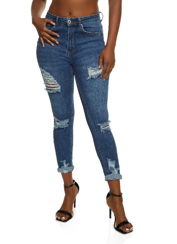 WAX Ripped Rolled Cuff Skinny Jeans Chic Double Waistband Jeans