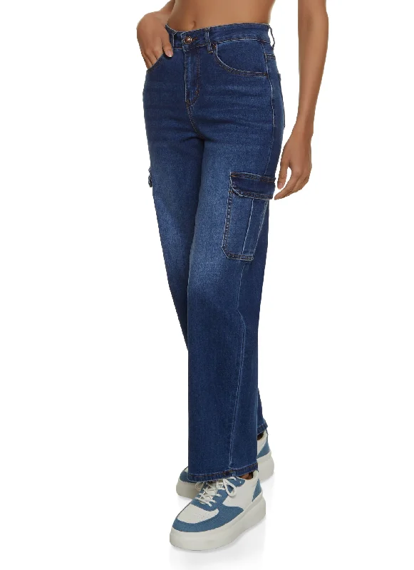WAX Straight Leg Cargo Jeans Stylish Paperbag Waist Denim