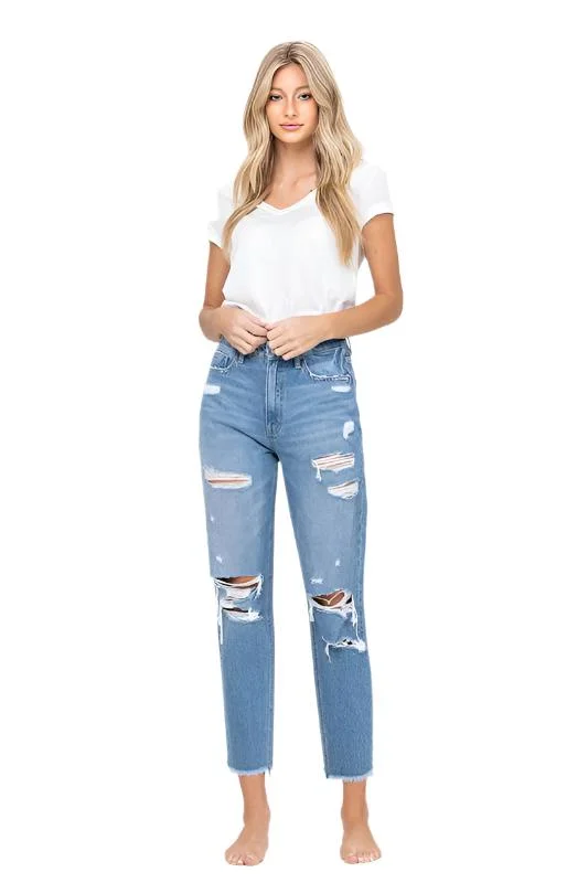 Distressed Raw hem Mom Jeans by VERVET Flying Monkey Comfortable Zip-Up Skinny Jeans