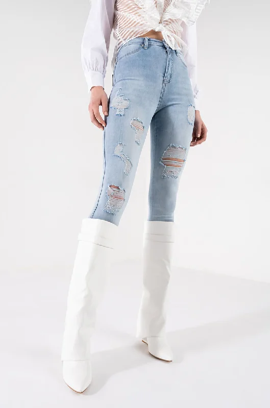 FLEX-FIT EXTREME STRETCH HIGH WAISTED DISTRESSED SKINNY JEANS Trendy Button-Up High-Waist Jeans