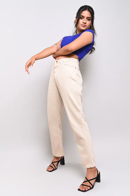 Light Beige Mom Jeans Fashionable Vintage Wash Jeans