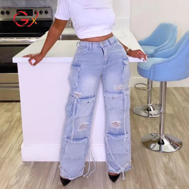 GX8483 Women's Fashion Street Wear New Multi-pocket Ripped Straight Washable Jeans Retro Casual Cargo Denim Pant Casual Light Wash Jeans